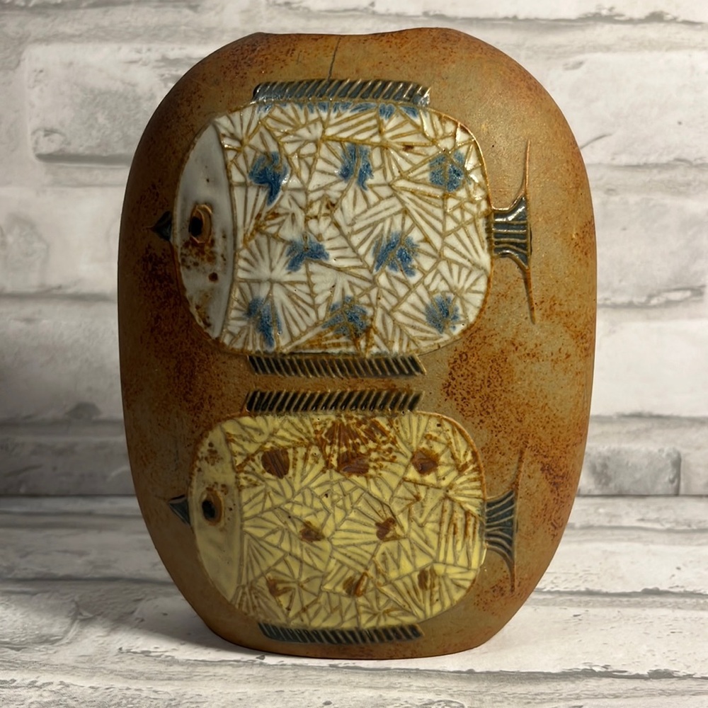 Vintage Counterpoint rustic glazed fish pottery vase San Francisco Takahashi